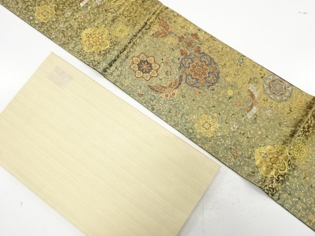 JAPANESE KIMONO / FUKURO OBI / SILK / GOLD / WOVEN FLORAL CREST & BUTTERFLY